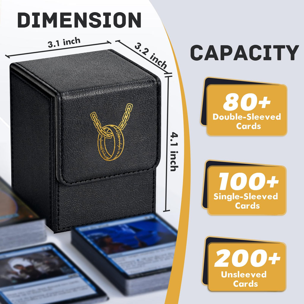 ZLCA 100+ Card Deck Box with 2 Dividers – PU Leather TCG Storage Case for Magic, Yu-Gi-Oh!, and More (Black, Ring Design)