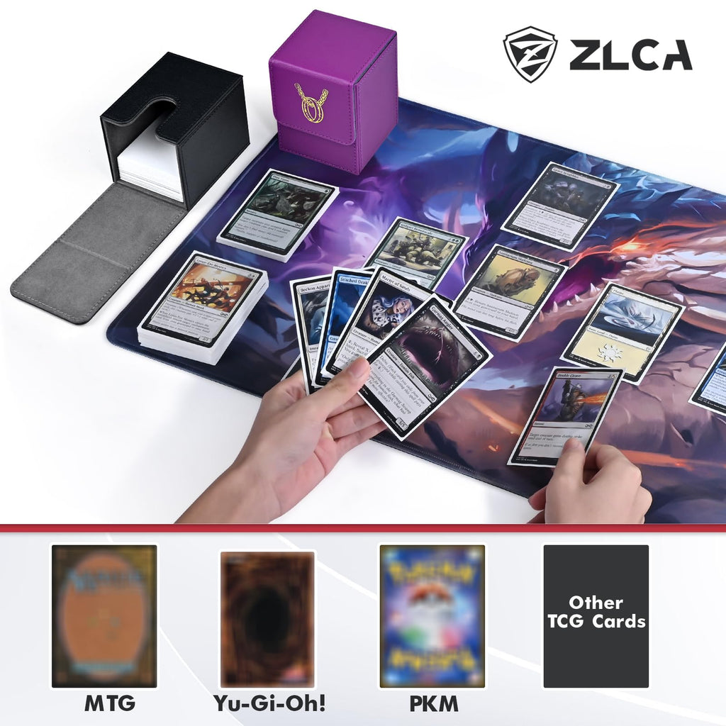 ZLCA 100+ Card Deck Box with 2 Dividers – PU Leather TCG Storage Case for Magic, Yu-Gi-Oh!, and More (Black, Ring Design)