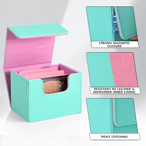 ZLCA Leather Magnetic Card Deck Box for MTG, Holds 120+ Single-Sleeved Cards, Turquoise & Pink