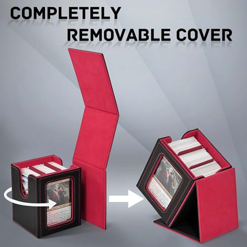 ZLCA MTG Deck Box with Commander Window Display – Holds 100+ Double-Sleeved Cards, PU Leather, Black & Red