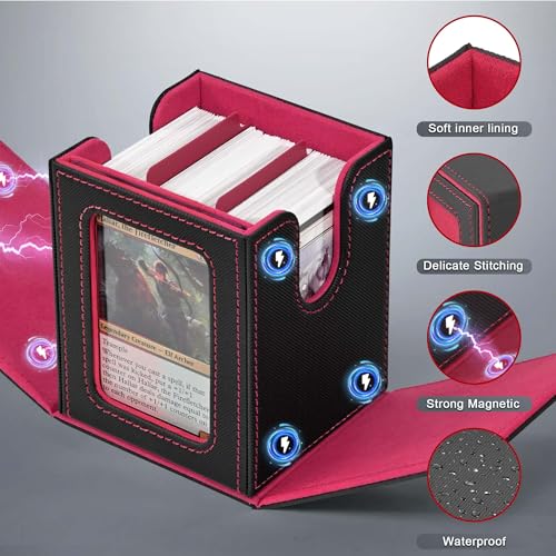 ZLCA MTG Deck Box with Commander Window Display – Holds 100+ Double-Sleeved Cards, PU Leather, Black & Red