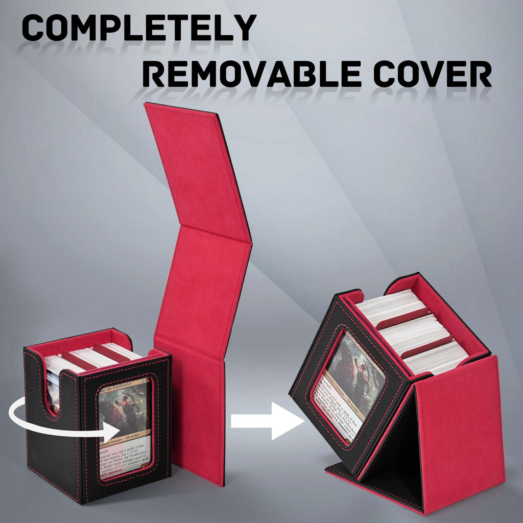 ZLCA MTG Deck Box with Commander Window Display – Holds 100+ Double-Sleeved Cards, PU Leather, Black & Red
