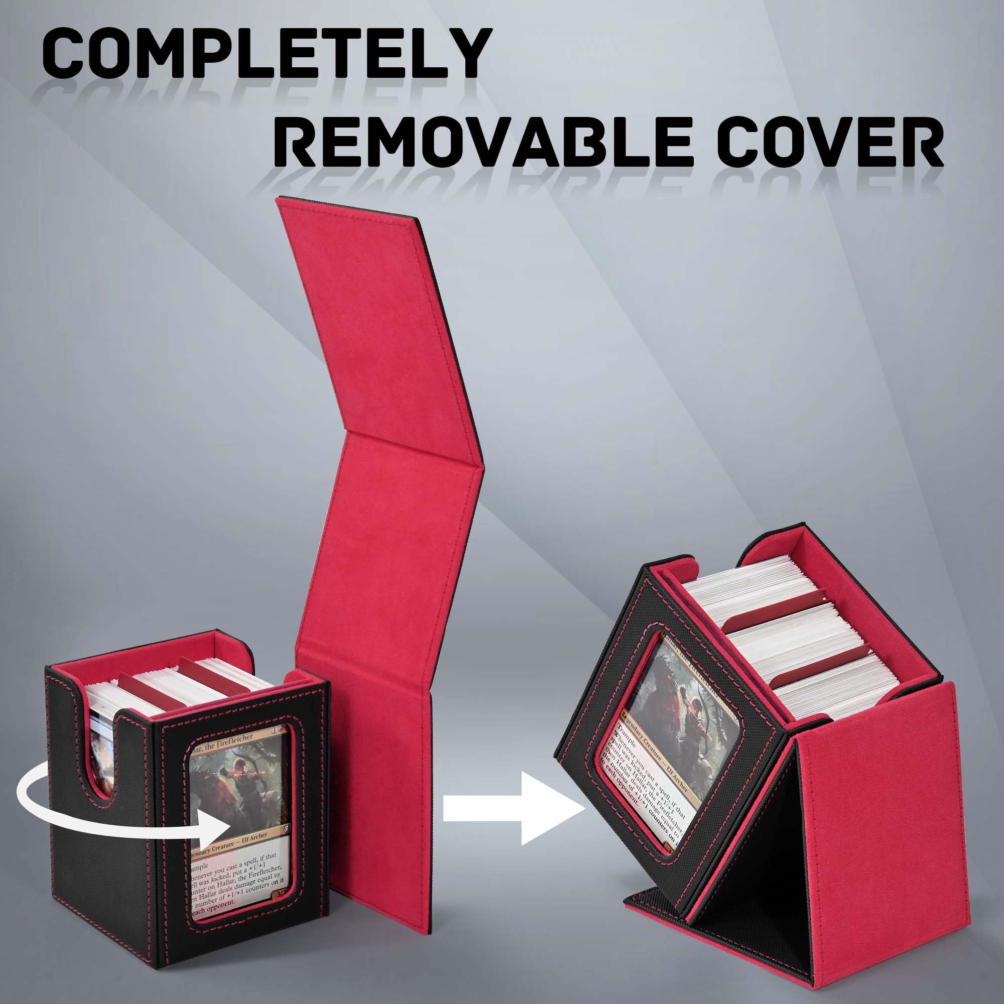 ZLCA MTG Deck Box with Commander Window Display – Holds 100+ Double-Sleeved Cards, PU Leather, Black & Red
