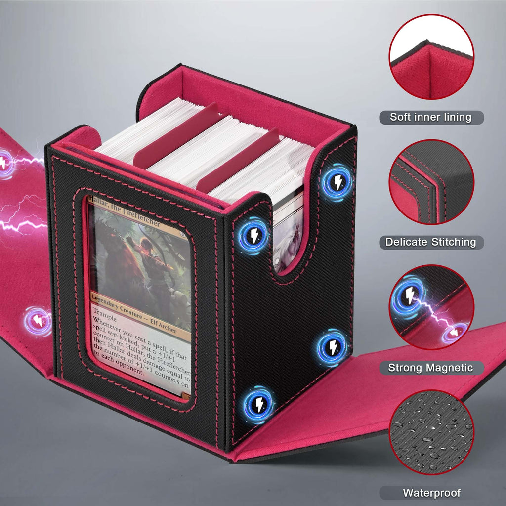 ZLCA MTG Deck Box with Commander Window Display – Holds 100+ Double-Sleeved Cards, PU Leather, Black & Red