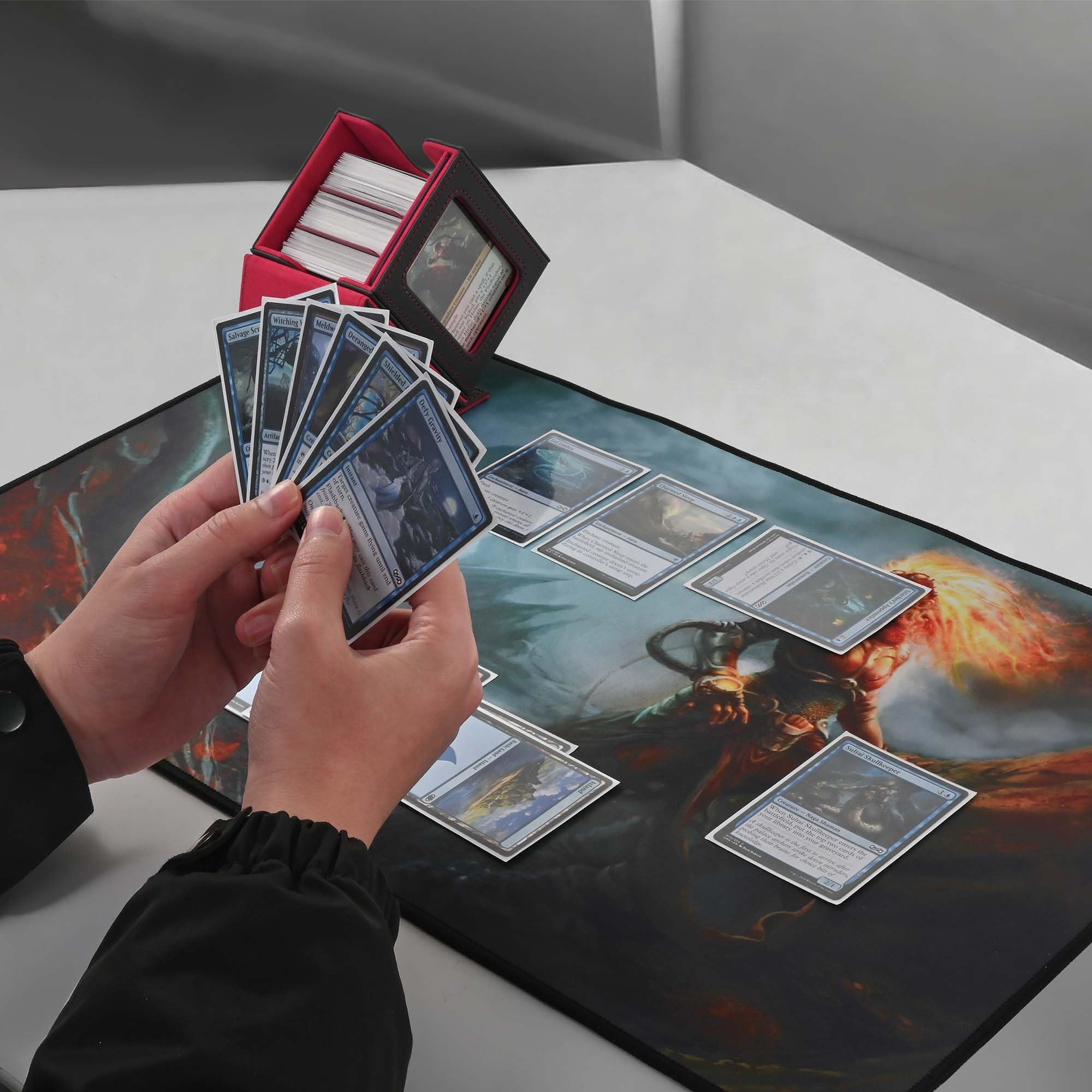 ZLCA MTG Deck Box with Commander Window Display – Holds 100+ Double-Sleeved Cards, PU Leather, Black & Red