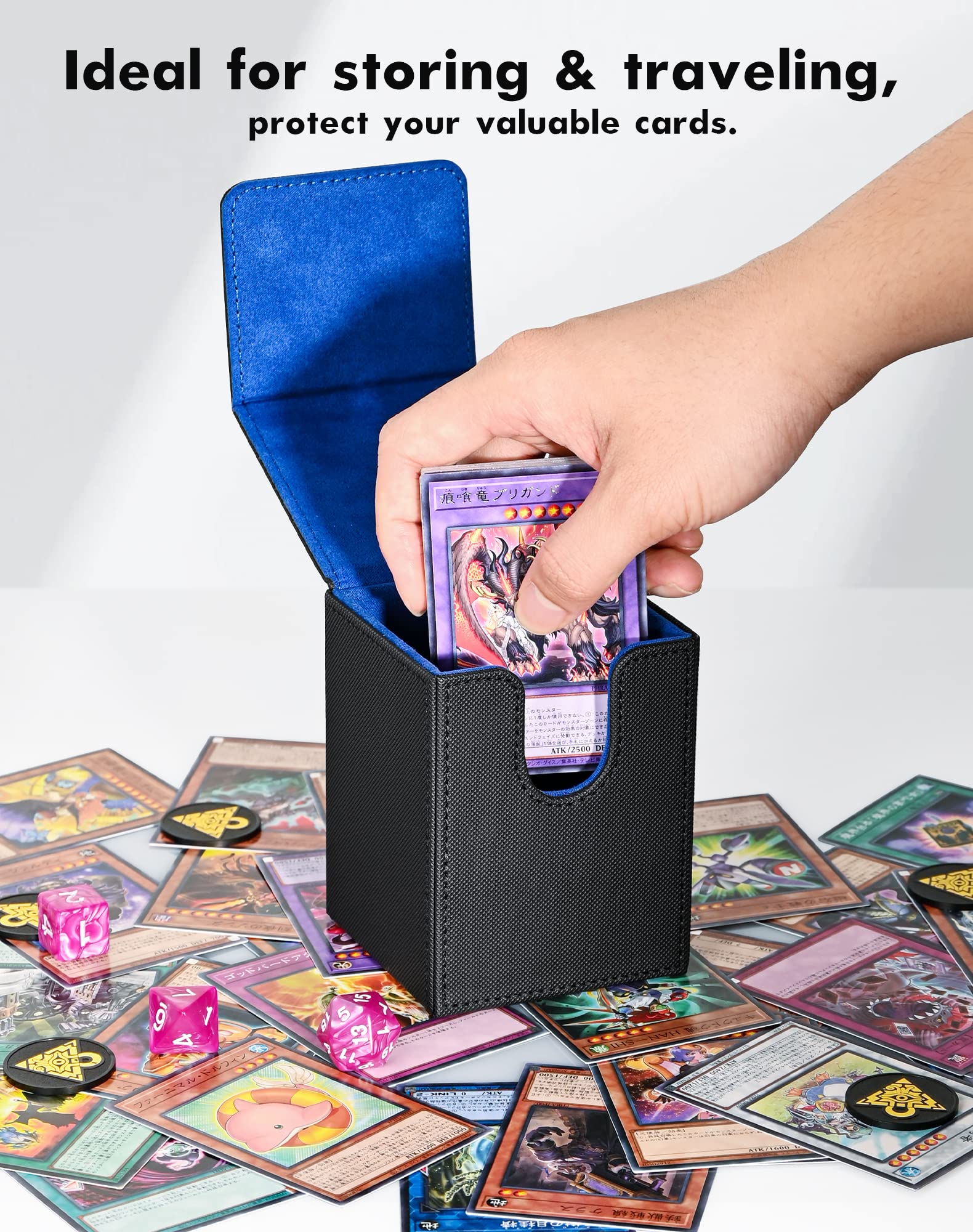 ZLCA Navy Faux Leather Card Deck Box – Holds 100+ Sleeved MTG/YuGiOh Cards with Dividers