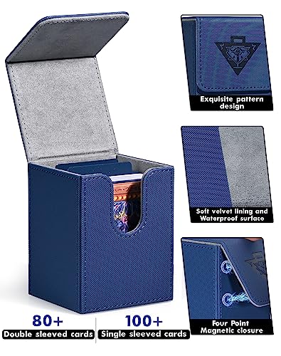 ZLCA Navy Faux Leather Card Deck Box – Holds 100+ Sleeved MTG/YuGiOh Cards with Dividers