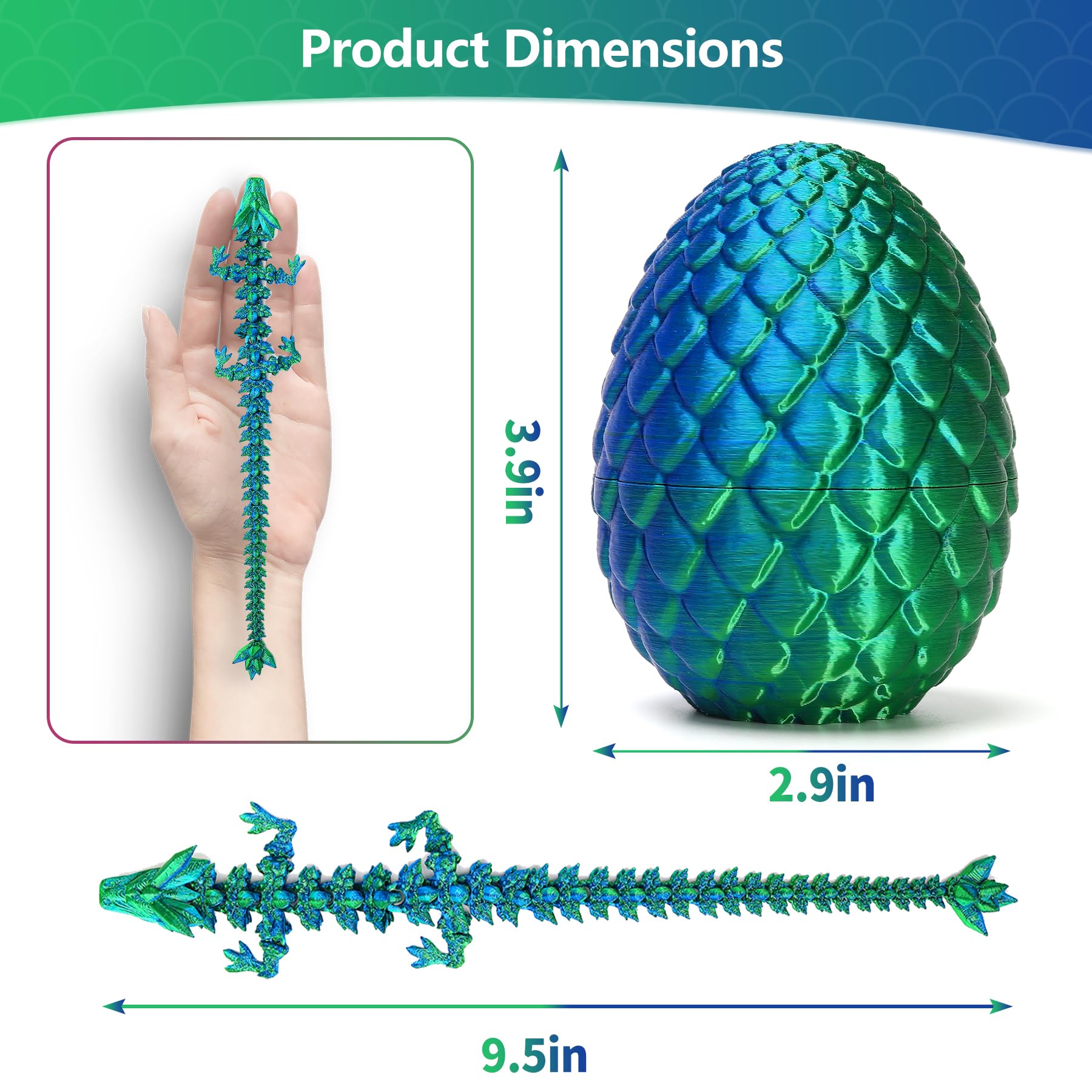 Zobetro 3D Printed Dragon in Egg – Articulated Crystal Dragon Fidget Desk Toy, Green