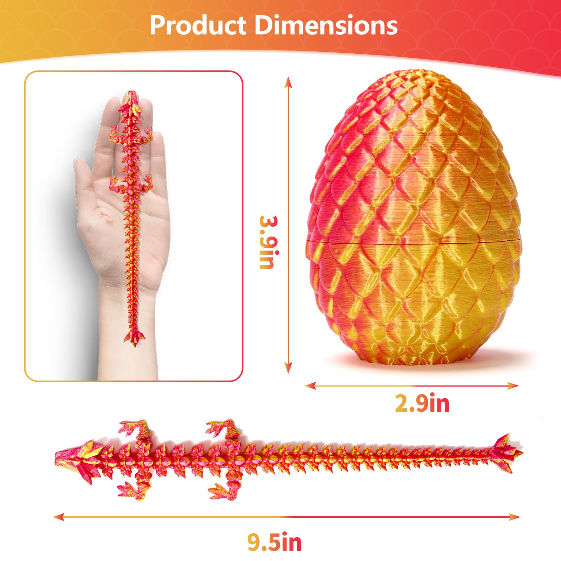 Zobetro 3D Printed Dragon Surprise Egg - Red Articulated Dragon Desk Toy for Easter, Christmas & Home Decor