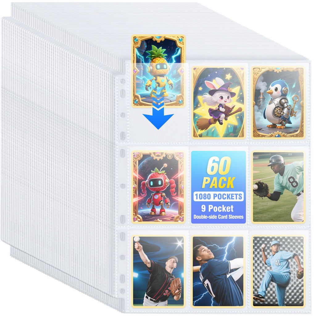 Zofly 60 Pack 1080 Pockets 9-Pocket Trading Card Pages for 3-Ring Binder - Ultra-Clear Polypropylene Sleeves for Sports Cards, Game Cards, Photos