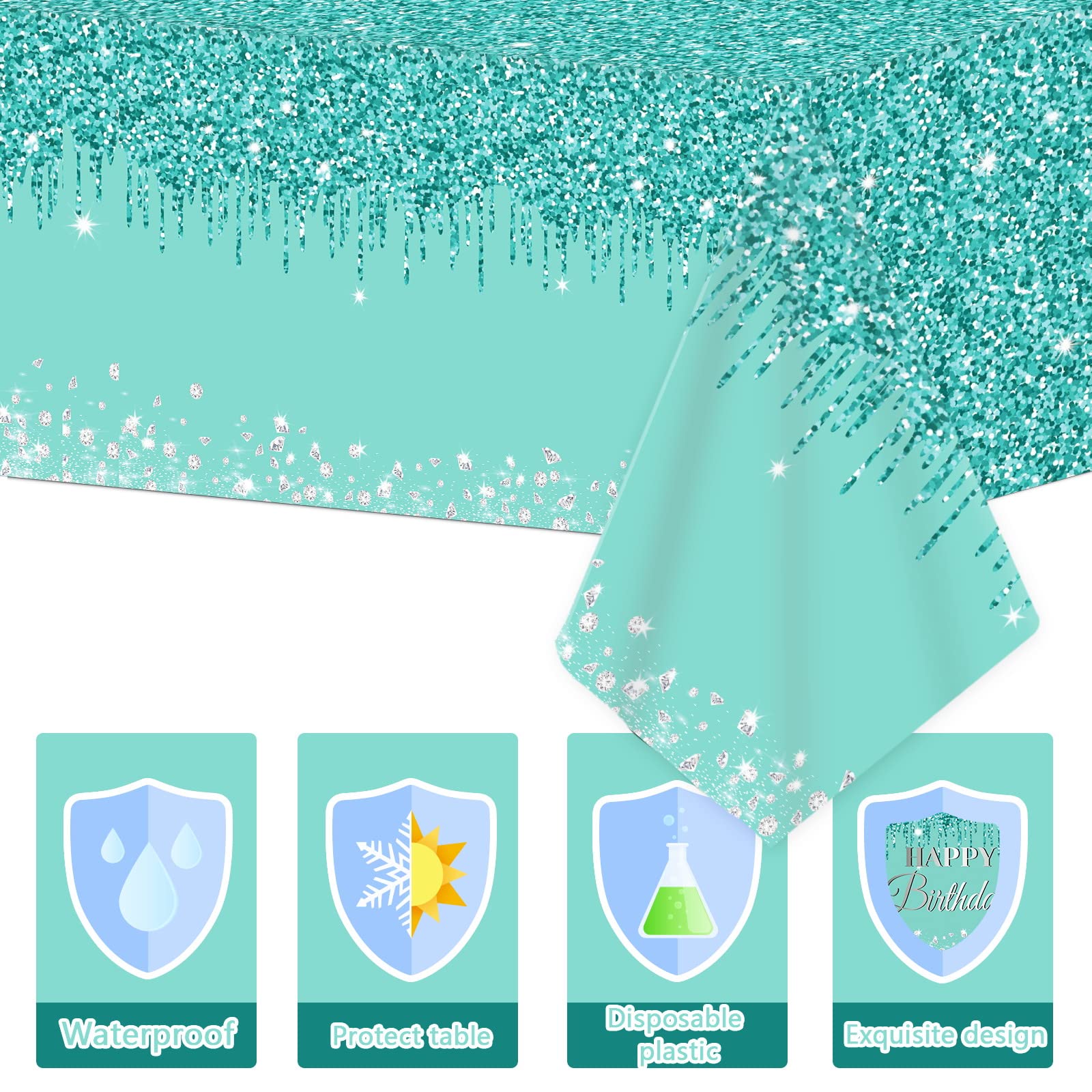 ZOIIWA 3-Pack Teal and Silver Plastic Tablecloths 54x108 Inch for Birthday Party Decor