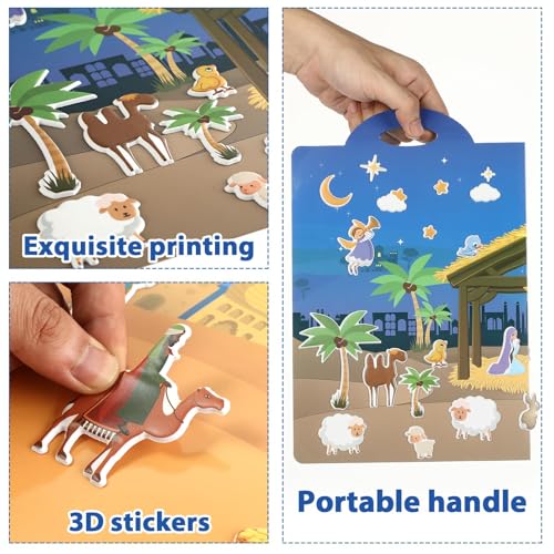 ZOIIWA Christmas Nativity 3D Puffy Sticker Activity Book – 100 Reusable Vinyl Clings with 2 Fold-Out Scenes for Kids Ages 4+