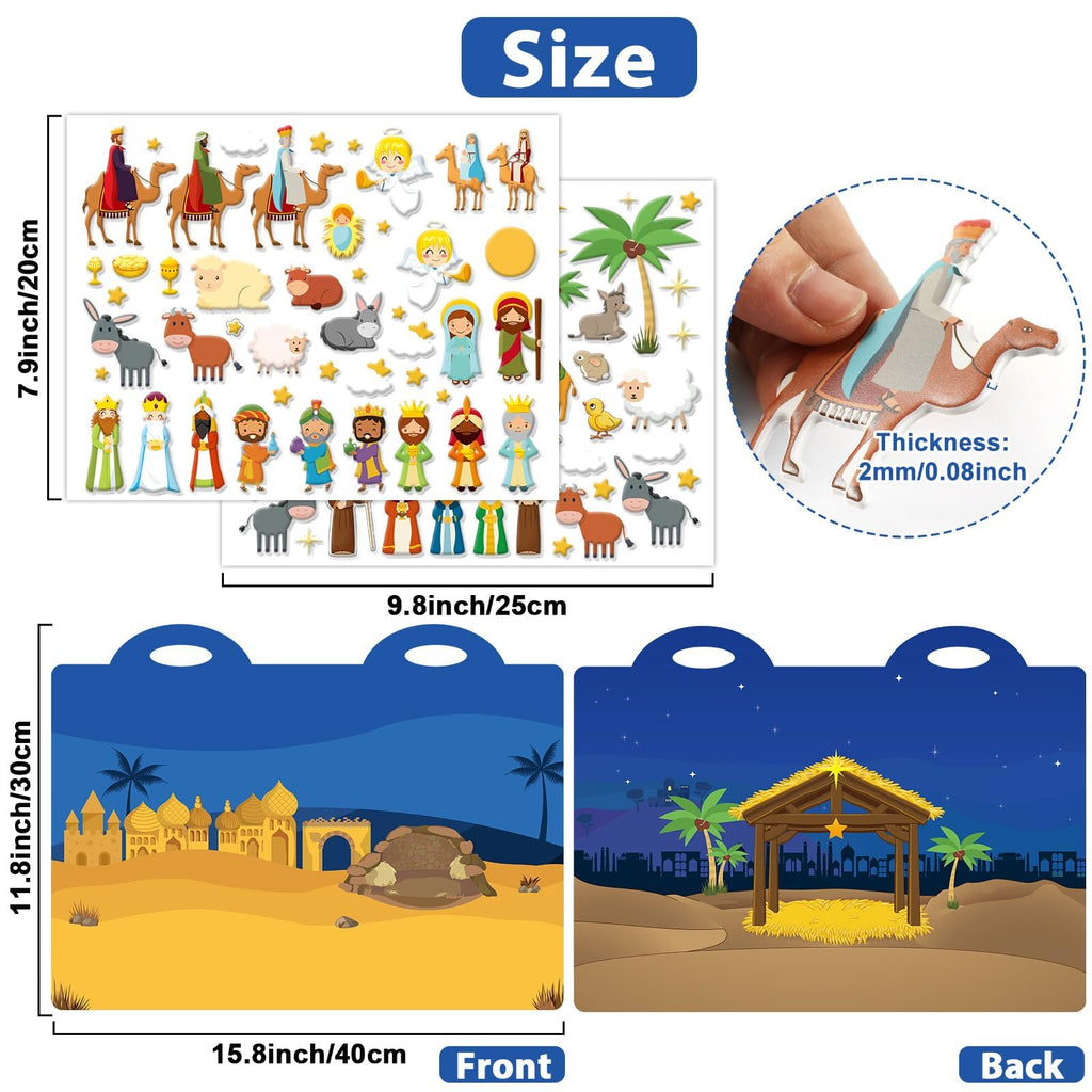 ZOIIWA Christmas Nativity 3D Puffy Sticker Activity Book – 100 Reusable Vinyl Clings with 2 Fold-Out Scenes for Kids Ages 4+