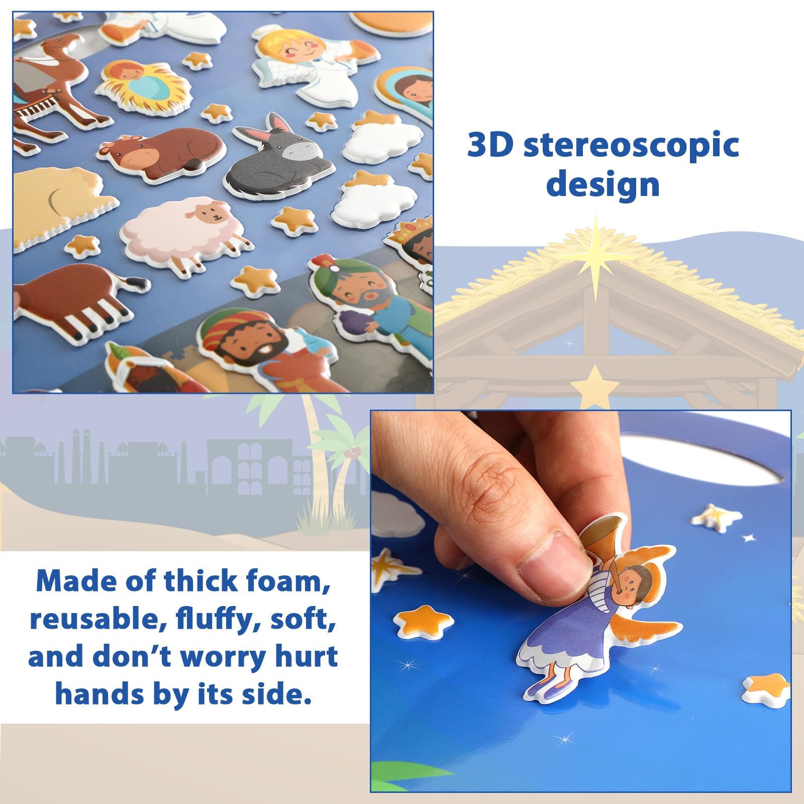 ZOIIWA Christmas Nativity 3D Puffy Sticker Activity Book – 100 Reusable Vinyl Clings with 2 Fold-Out Scenes for Kids Ages 4+