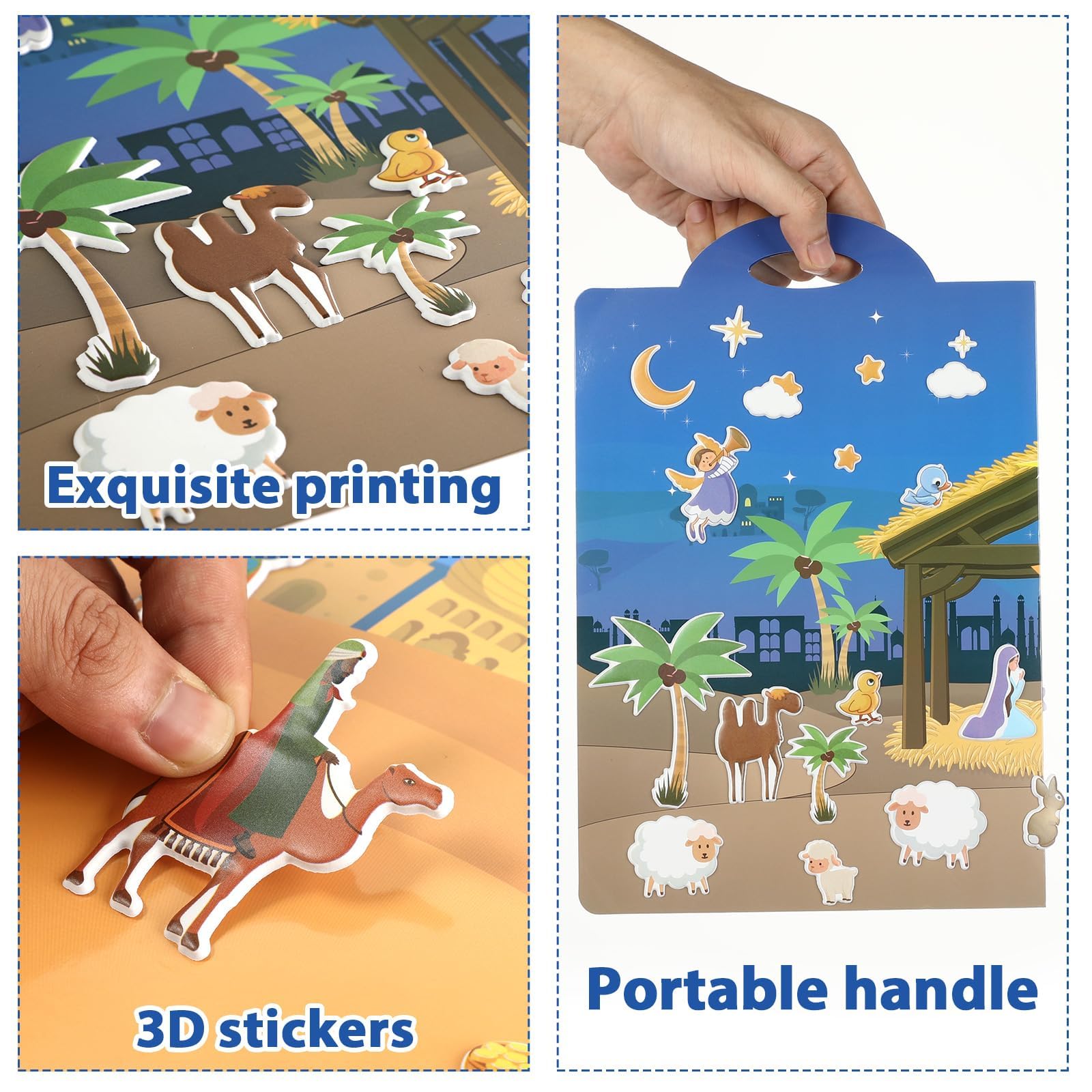 ZOIIWA Christmas Nativity 3D Puffy Sticker Activity Book – 100 Reusable Vinyl Clings with 2 Fold-Out Scenes for Kids Ages 4+
