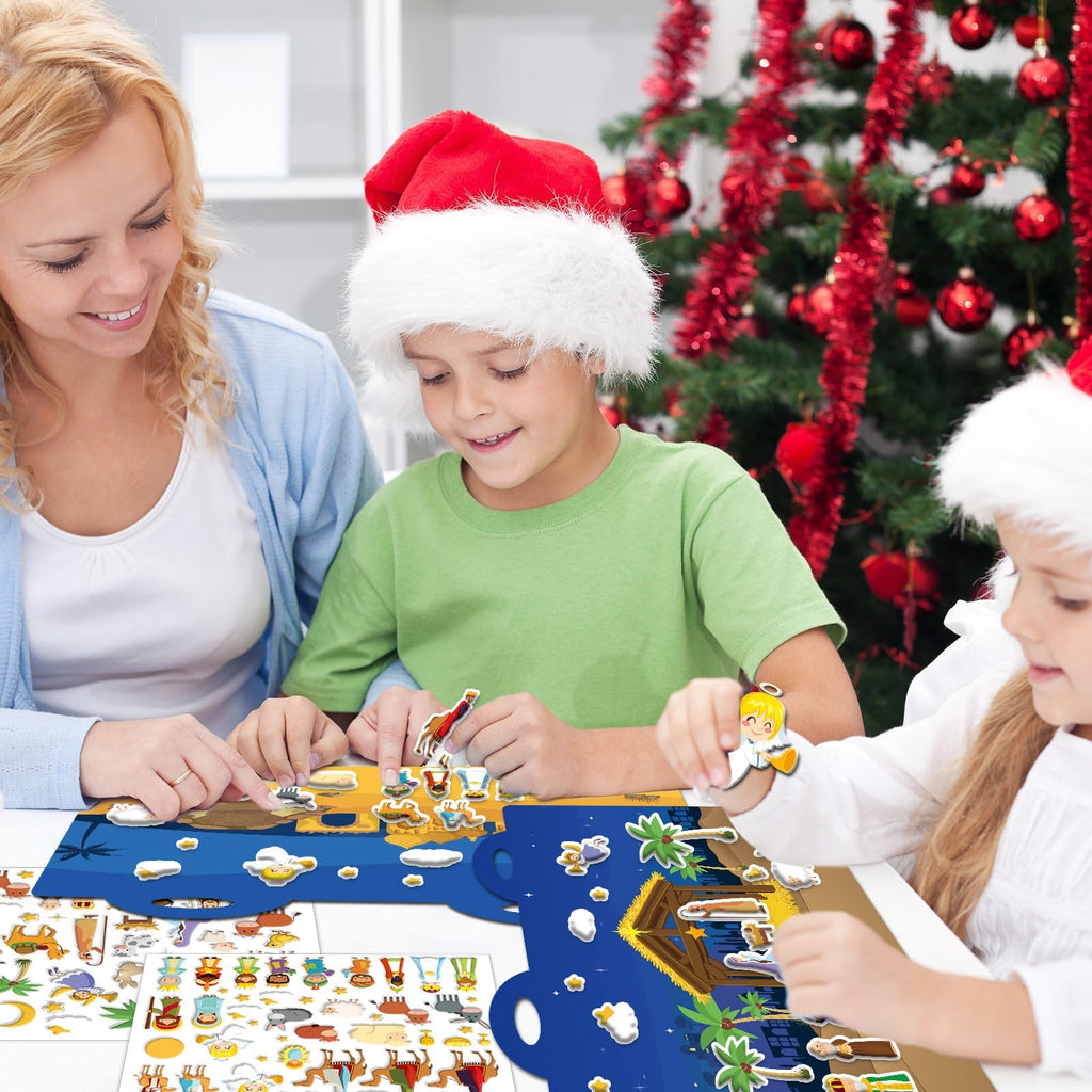 ZOIIWA Christmas Nativity 3D Puffy Sticker Activity Book – 100 Reusable Vinyl Clings with 2 Fold-Out Scenes for Kids Ages 4+
