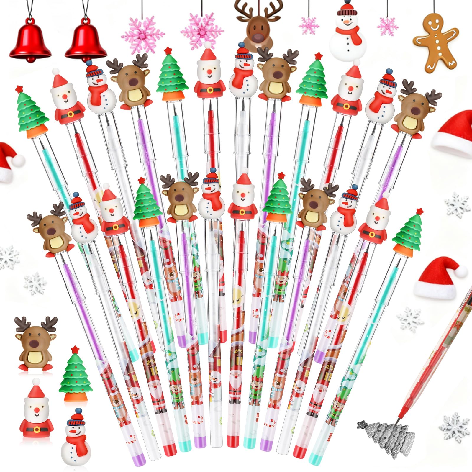 Zonon 24 Pack Christmas Push Pencils with Toppers - Santa, Snowman, Elk, Tree Designs for Classroom Rewards and Stocking Stuffers