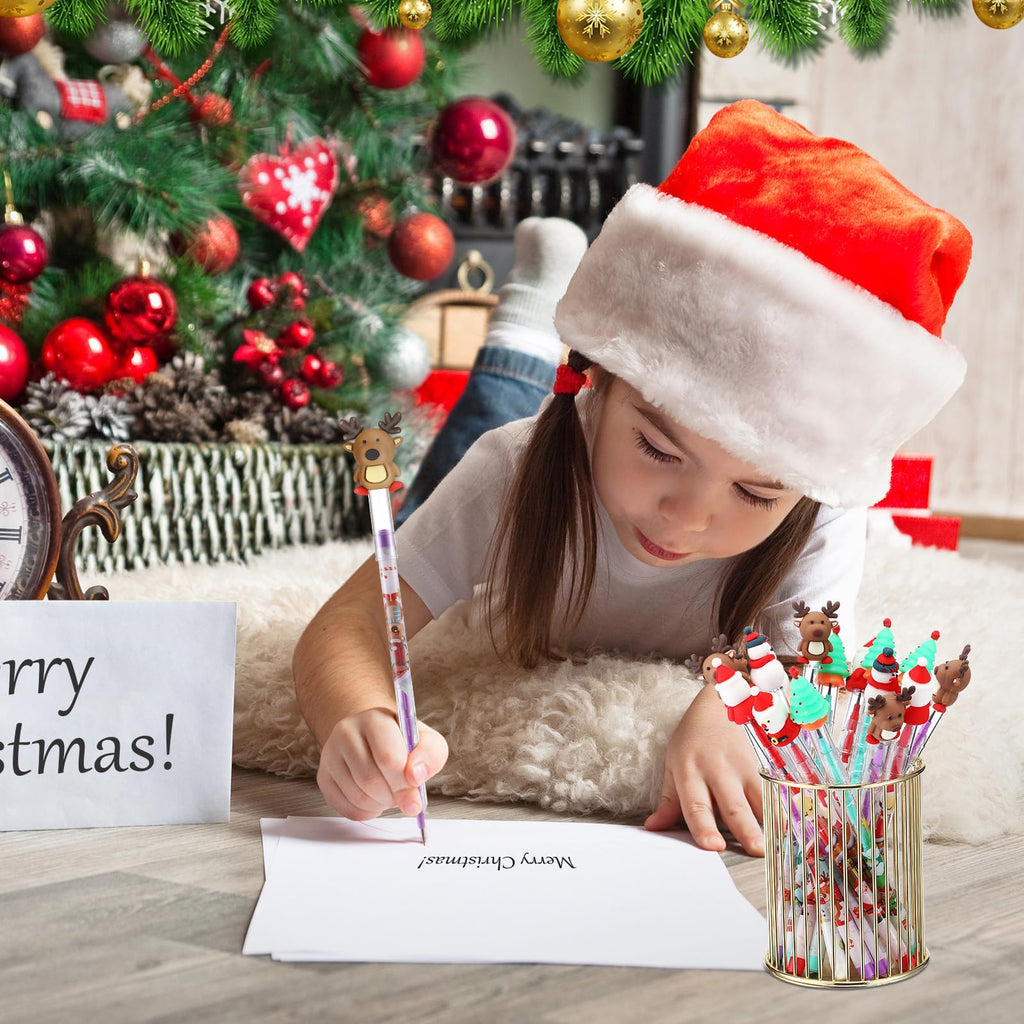 Zonon 24 Pack Christmas Push Pencils with Toppers - Santa, Snowman, Elk, Tree Designs for Classroom Rewards and Stocking Stuffers