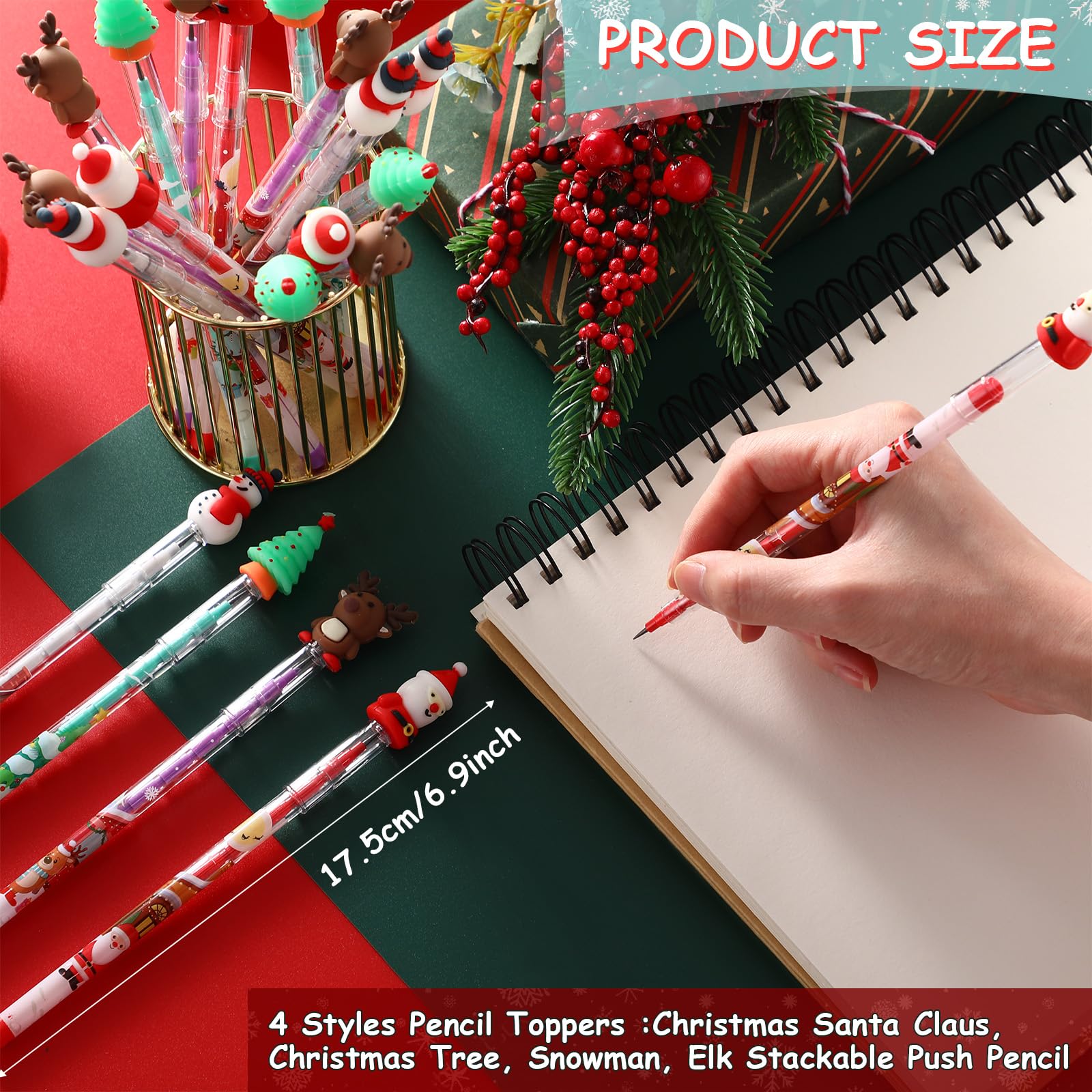 Zonon 24 Pack Christmas Push Pencils with Toppers - Santa, Snowman, Elk, Tree Designs for Classroom Rewards and Stocking Stuffers