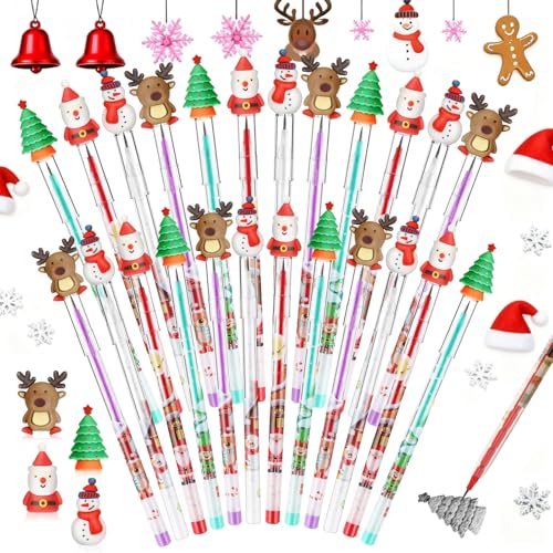Zonon 24 Pack Christmas Push Pencils with Toppers - Santa, Snowman, Elk, Tree Designs for Classroom Rewards and Stocking Stuffers