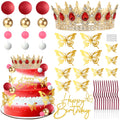 ZOYVUX Birthday Crown Cake Topper Set - Gold & Red with Crown, Butterflies, Candles