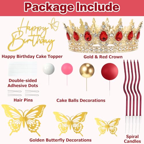 ZOYVUX Birthday Crown Cake Topper Set - Gold & Red with Crown, Butterflies, Candles