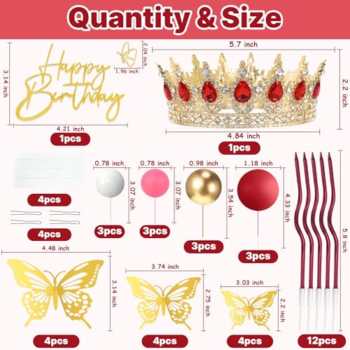 ZOYVUX Birthday Crown Cake Topper Set - Gold & Red with Crown, Butterflies, Candles