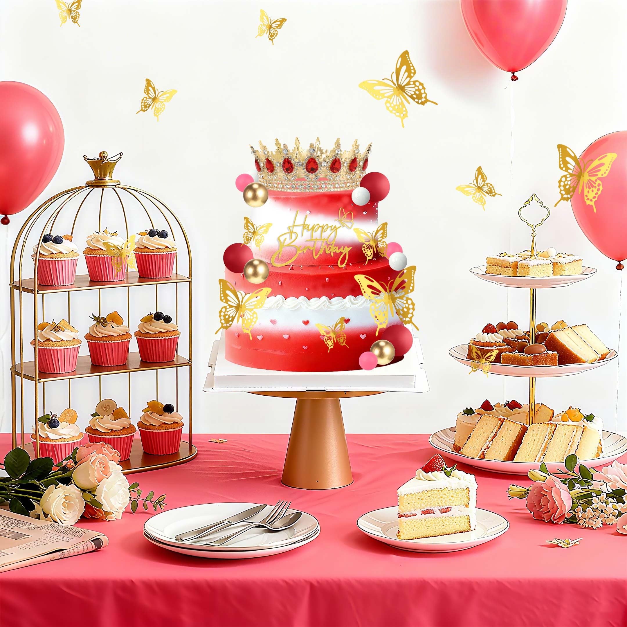 ZOYVUX Birthday Crown Cake Topper Set - Gold & Red with Crown, Butterflies, Candles