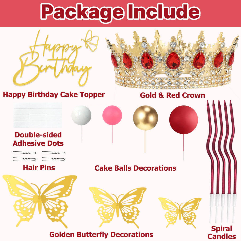 ZOYVUX Birthday Crown Cake Topper Set - Gold & Red with Crown, Butterflies, Candles