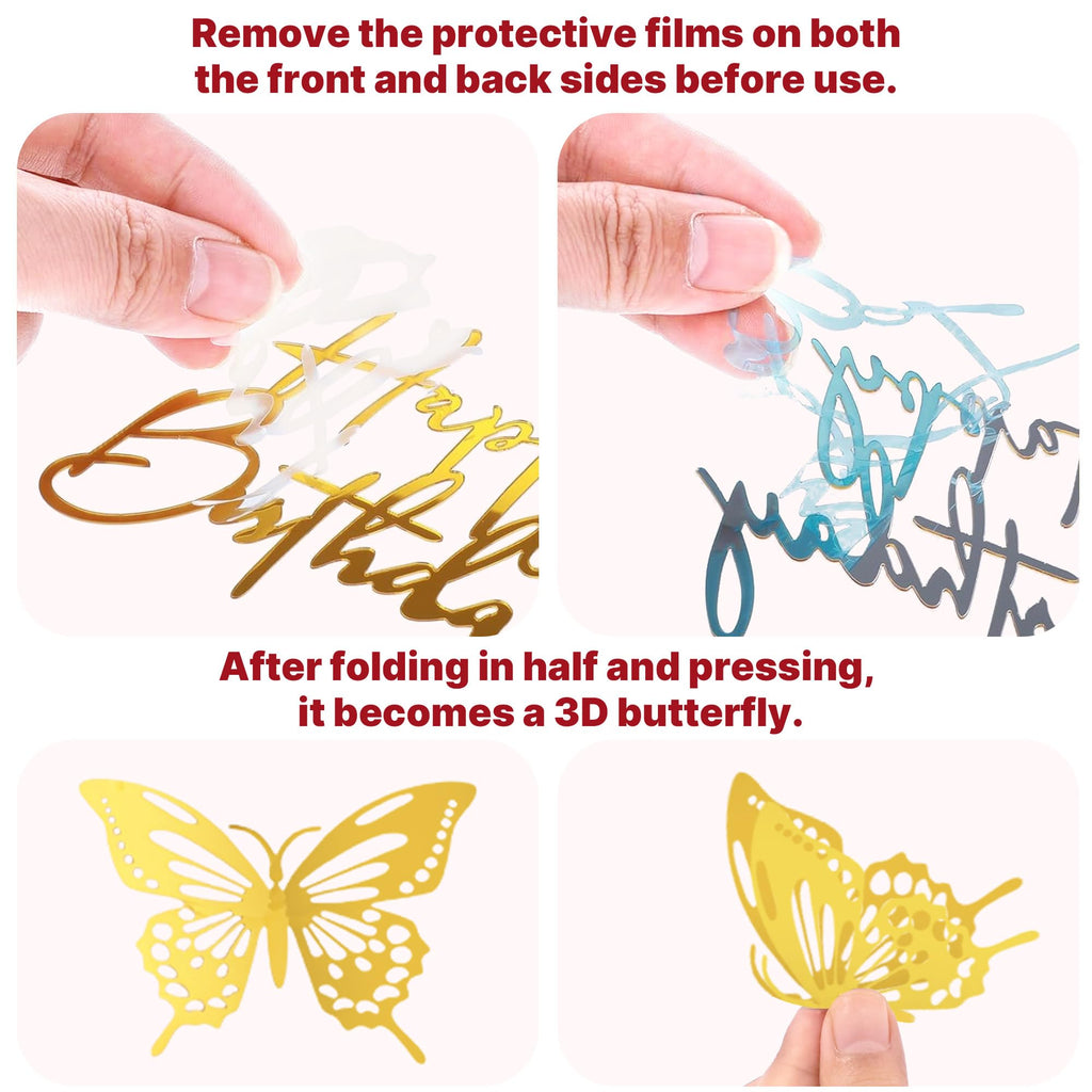 ZOYVUX Birthday Crown Cake Topper Set - Gold & Red with Crown, Butterflies, Candles
