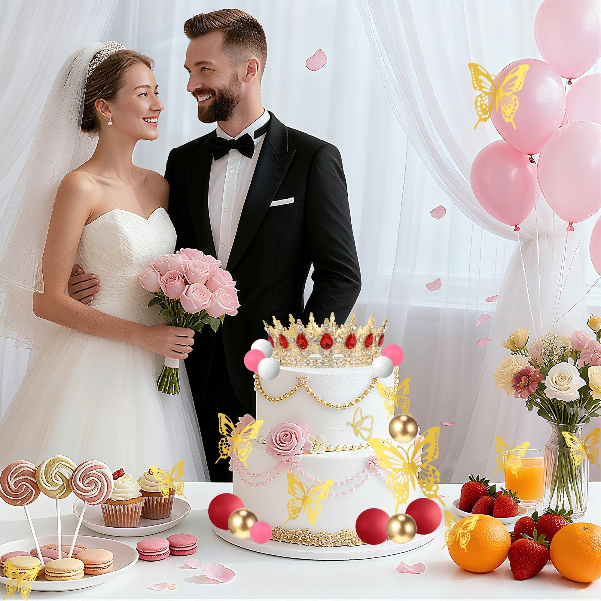 ZOYVUX Birthday Crown Cake Topper Set - Gold & Red with Crown, Butterflies, Candles
