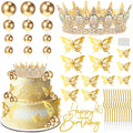 ZOYVUX Birthday Crown Cake Topper Set – Gold with Butterflies, Cake Balls & Spiral Candles