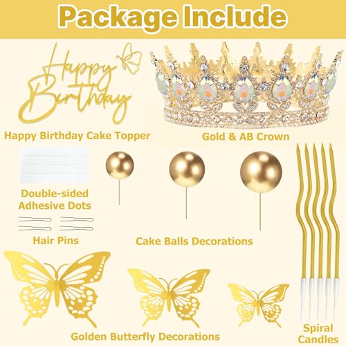 ZOYVUX Birthday Crown Cake Topper Set – Gold with Butterflies, Cake Balls & Spiral Candles
