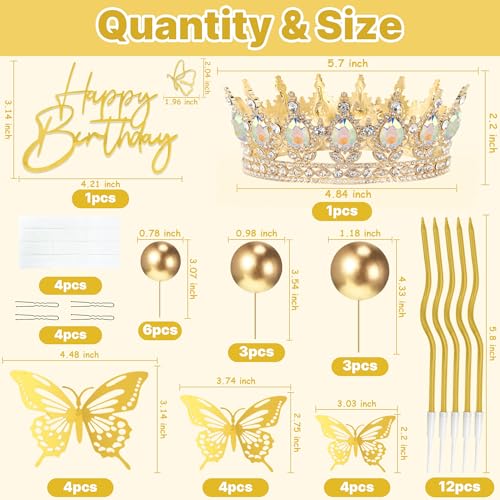 ZOYVUX Birthday Crown Cake Topper Set – Gold with Butterflies, Cake Balls & Spiral Candles