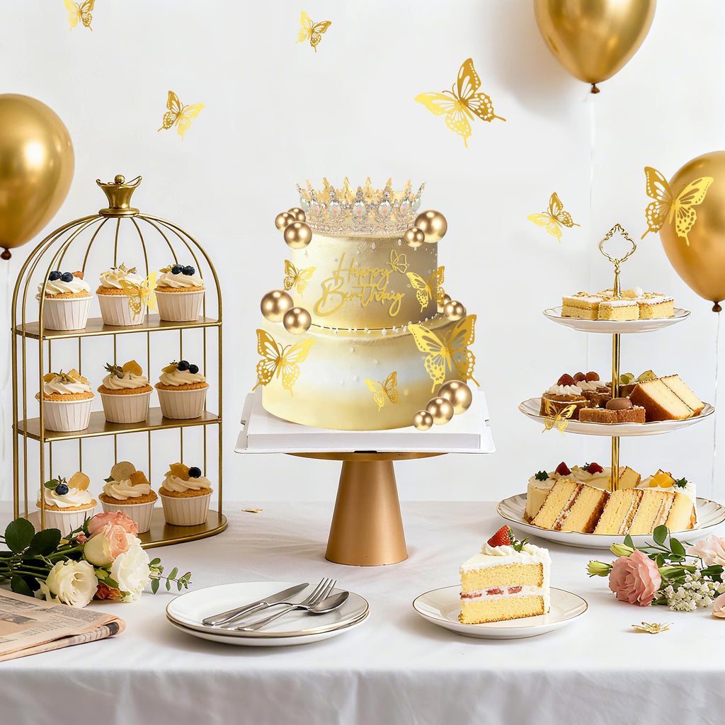 ZOYVUX Birthday Crown Cake Topper Set – Gold with Butterflies, Cake Balls & Spiral Candles