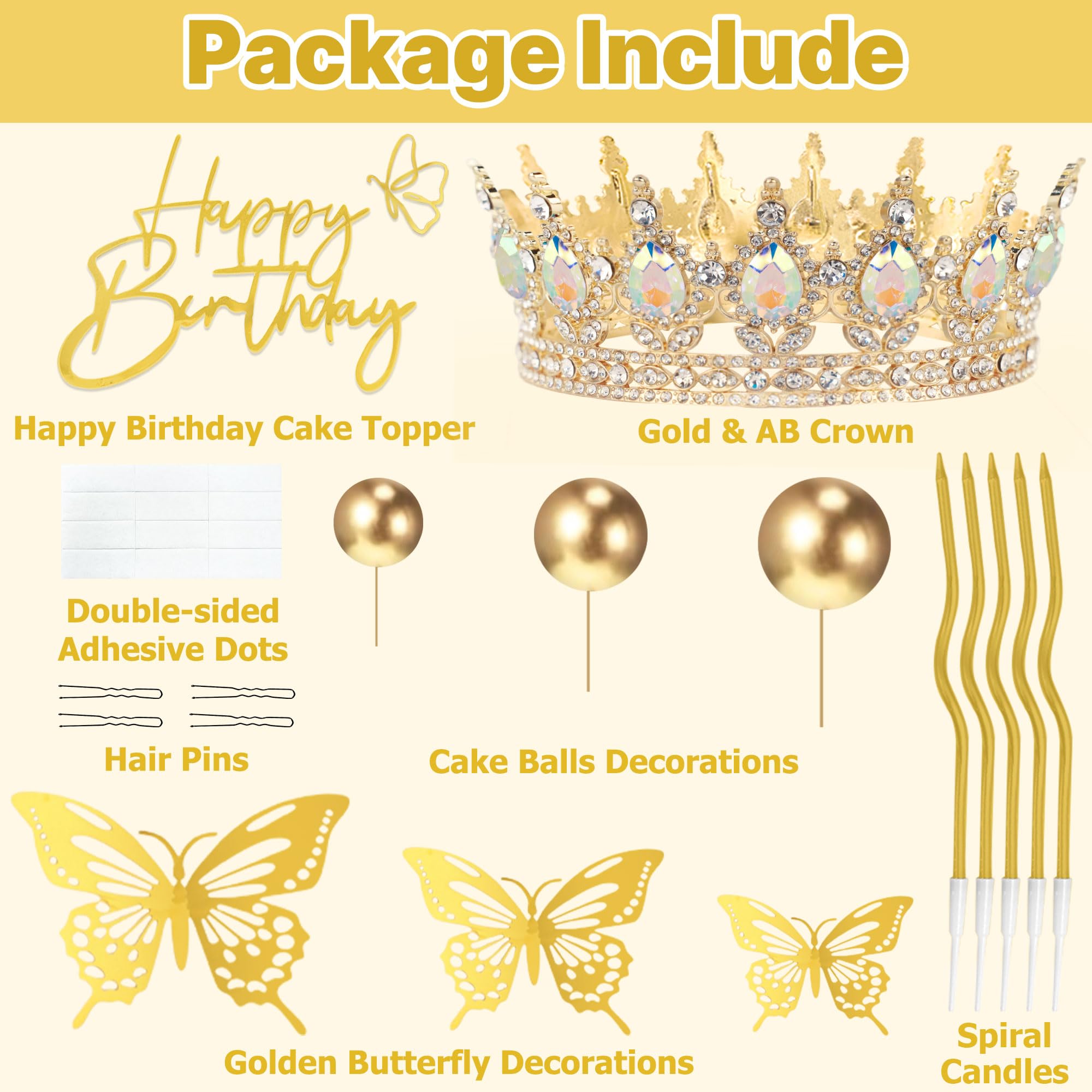 ZOYVUX Birthday Crown Cake Topper Set – Gold with Butterflies, Cake Balls & Spiral Candles