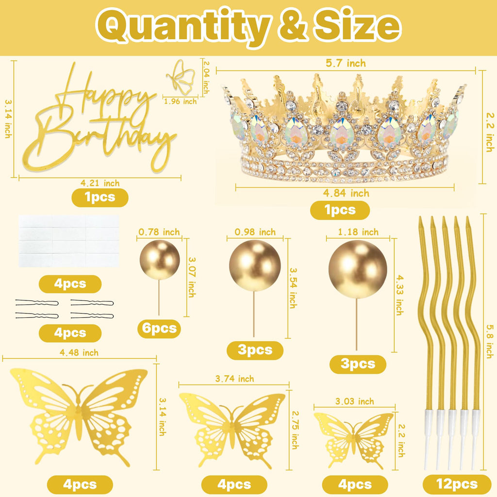 ZOYVUX Birthday Crown Cake Topper Set – Gold with Butterflies, Cake Balls & Spiral Candles