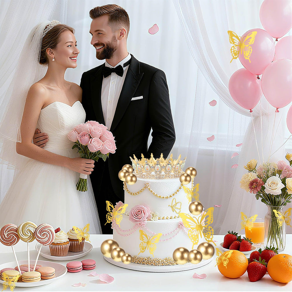 ZOYVUX Birthday Crown Cake Topper Set – Gold with Butterflies, Cake Balls & Spiral Candles