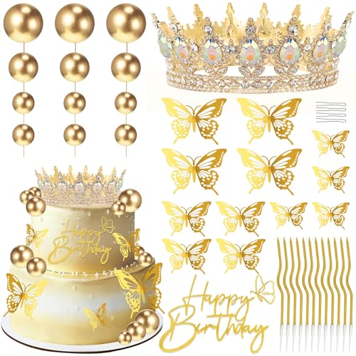 ZOYVUX Birthday Crown Cake Topper Set – Gold with Butterflies, Cake Balls & Spiral Candles
