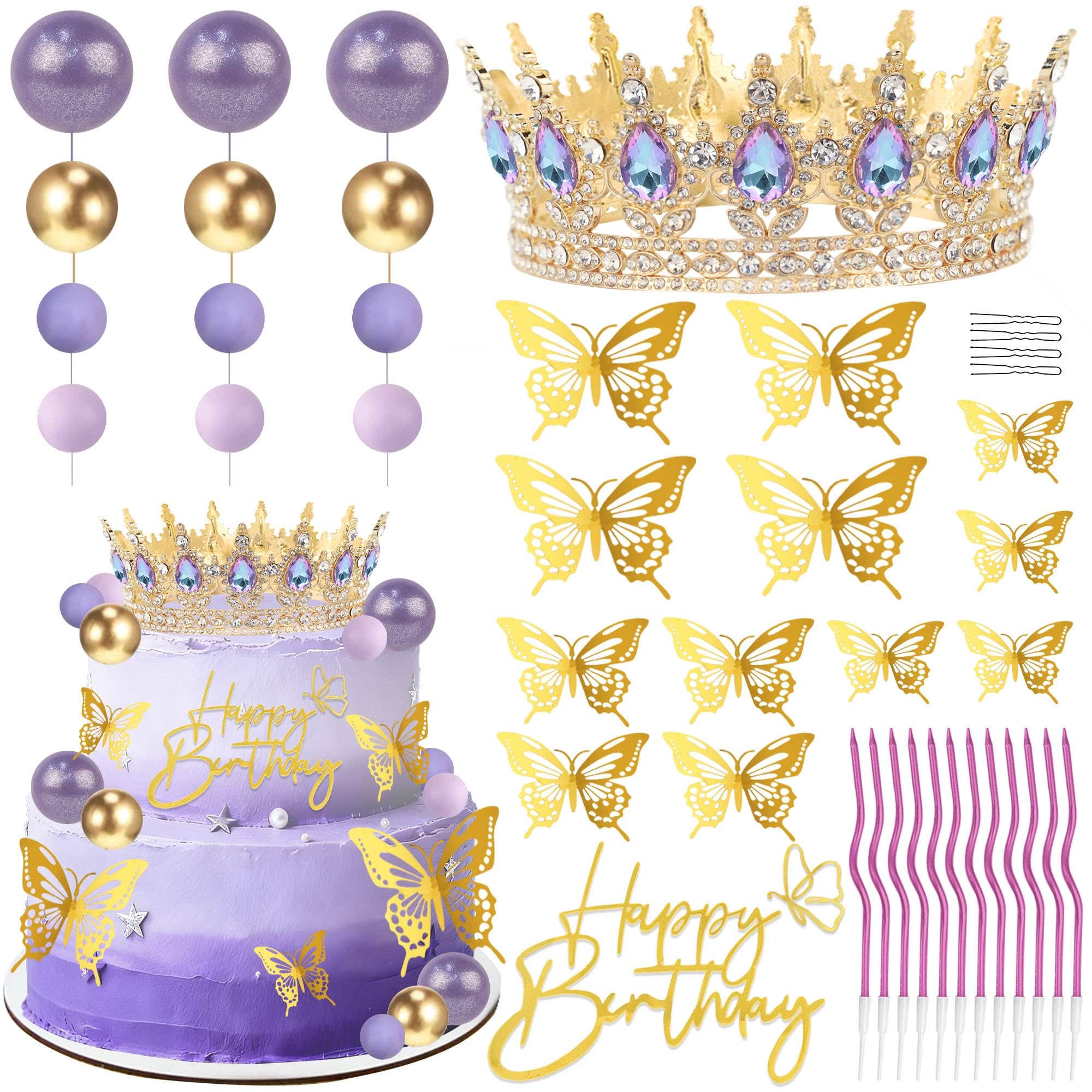 ZOYVUX Gold & Purple Birthday Crown Cake Topper Set – Includes Mini Tiara, Butterflies, Candles & More