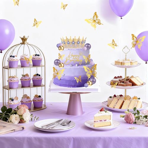 ZOYVUX Gold & Purple Birthday Crown Cake Topper Set – Includes Mini Tiara, Butterflies, Candles & More