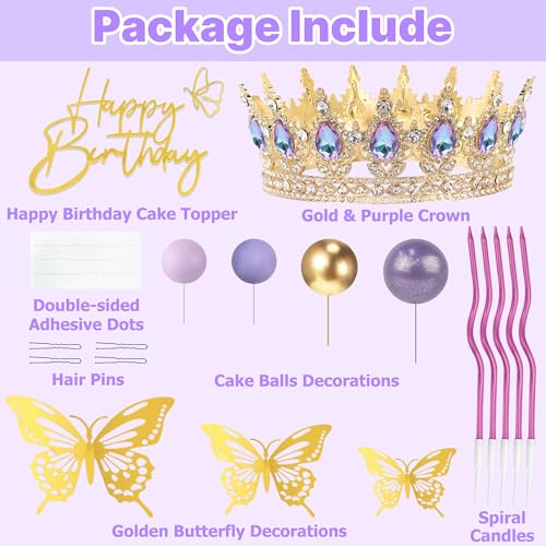 ZOYVUX Gold & Purple Birthday Crown Cake Topper Set – Includes Mini Tiara, Butterflies, Candles & More