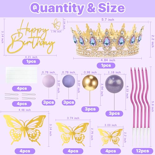 ZOYVUX Gold & Purple Birthday Crown Cake Topper Set – Includes Mini Tiara, Butterflies, Candles & More