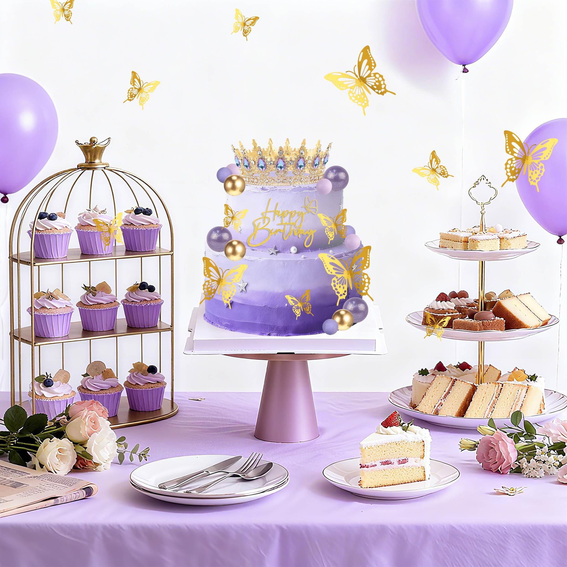 ZOYVUX Gold & Purple Birthday Crown Cake Topper Set – Includes Mini Tiara, Butterflies, Candles & More