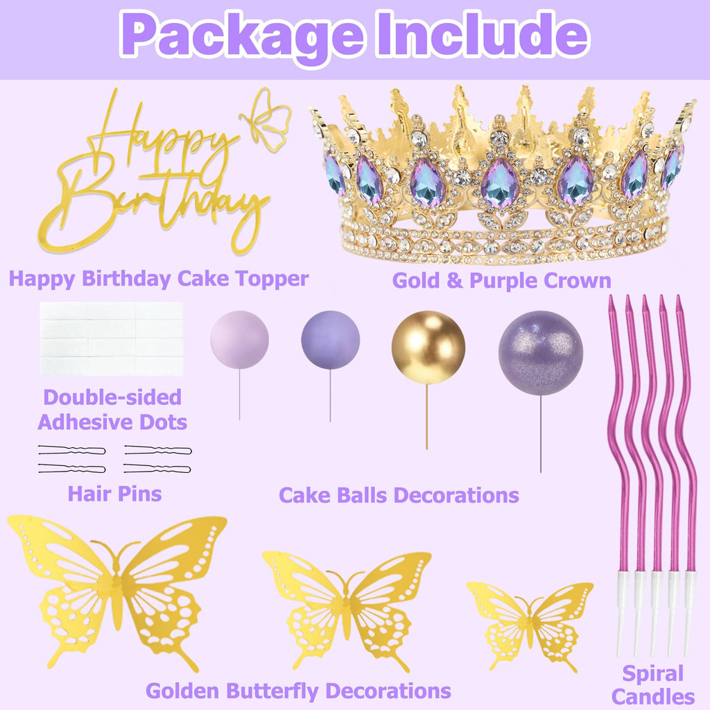 ZOYVUX Gold & Purple Birthday Crown Cake Topper Set – Includes Mini Tiara, Butterflies, Candles & More