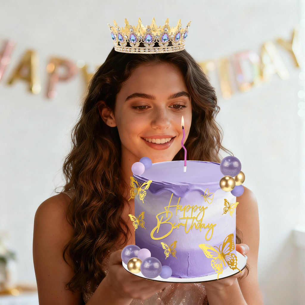 ZOYVUX Gold & Purple Birthday Crown Cake Topper Set – Includes Mini Tiara, Butterflies, Candles & More