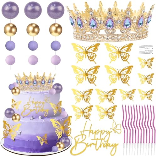 ZOYVUX Gold & Purple Birthday Crown Cake Topper Set – Includes Mini Tiara, Butterflies, Candles & More