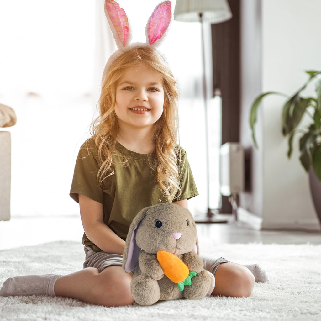 ZRUNBO 9.8-Inch Easter Bunny Plush with Floppy Ears and Carrot, Soft Brown Stuffed Rabbit for Kids