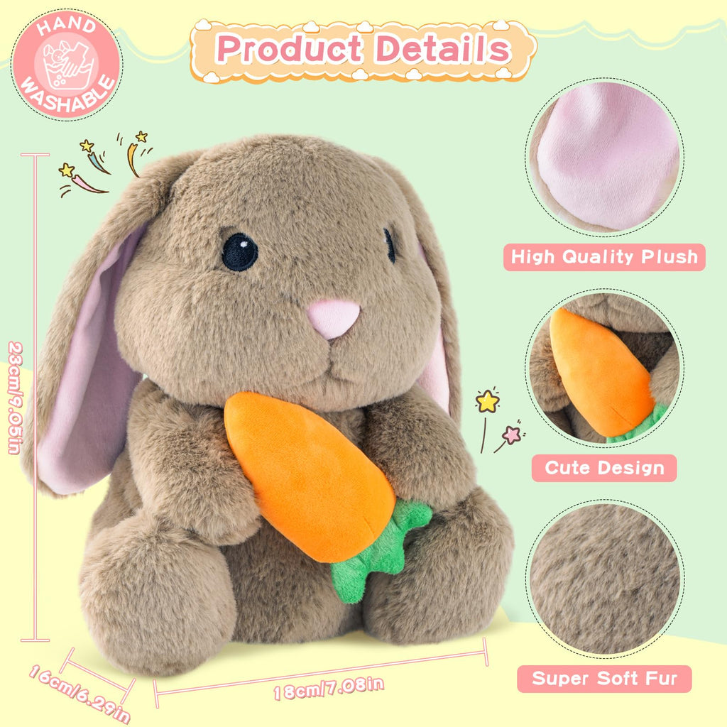 ZRUNBO 9.8-Inch Easter Bunny Plush with Floppy Ears and Carrot, Soft Brown Stuffed Rabbit for Kids