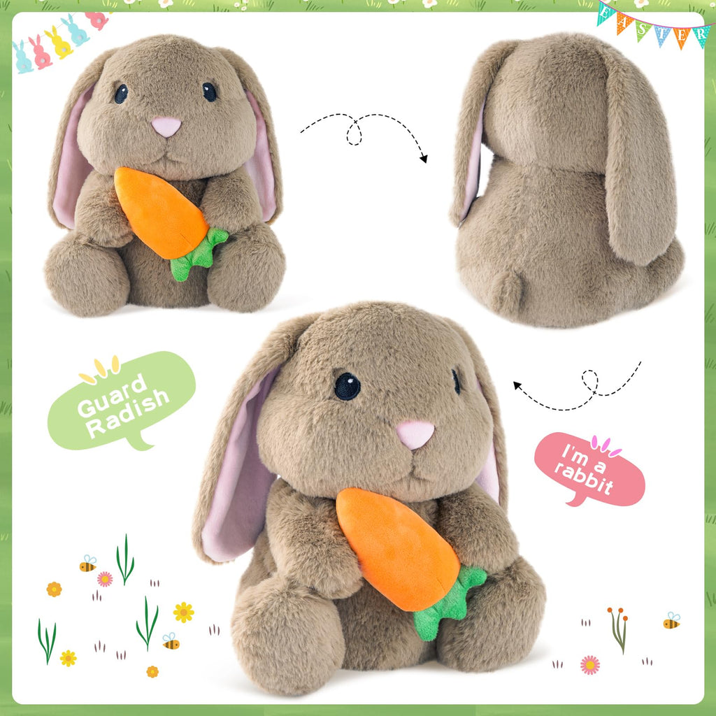 ZRUNBO 9.8-Inch Easter Bunny Plush with Floppy Ears and Carrot, Soft Brown Stuffed Rabbit for Kids